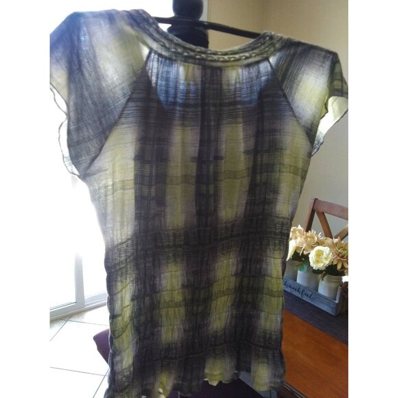 DKNY Jeans Plaid Smocked Stretch Cap Sleeve Top Size L V-Neck - Picture 8 of 8